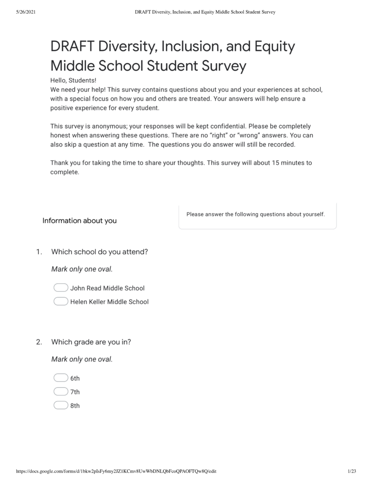 DEI Middle School Survey May 6 2021